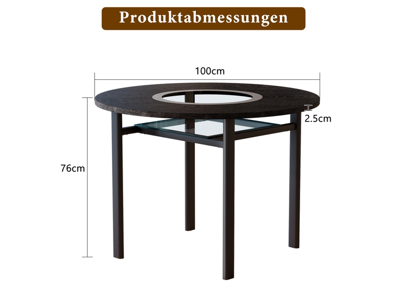  Table de salle à manger ronde 2 à 4 personnes avec étagère en verre, diamètre 100 cm, mdf noir  - Conforama E