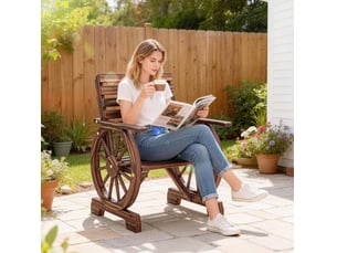 Fauteuil de jardin en bois 66x55x90 cm – bois foncé – design roue de chariot, accoudoirs larges et dossier incliné