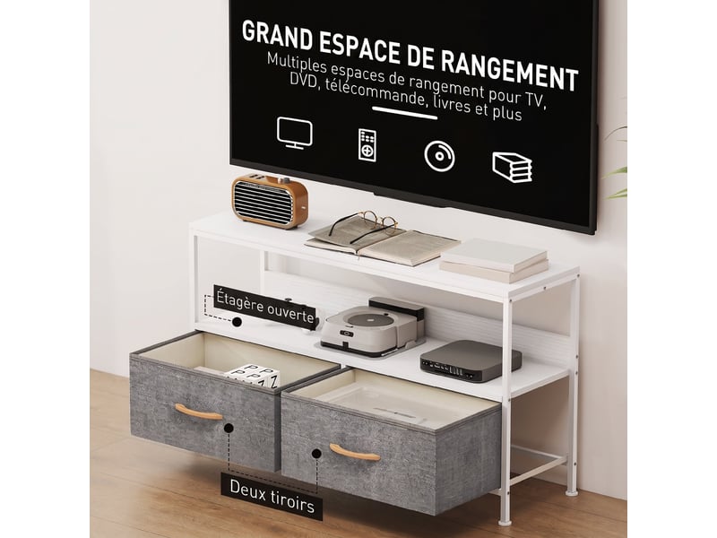  Meuble tv jusqu'à 47 pouces, 2 tiroirs pliables, niche ouverte, pieds réglables, gris clair, 98 x 29 x 56 cm  - Conforama E