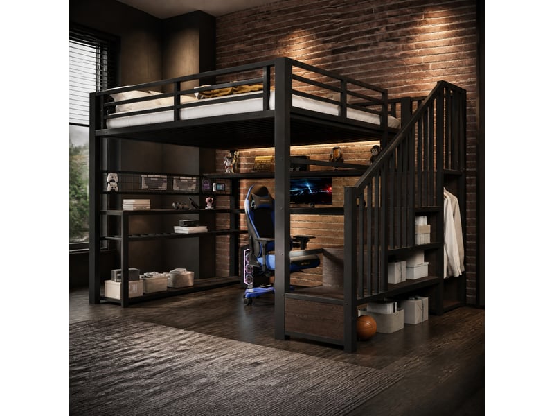  Lit mezzanine en métal 140x200 cm avec bureau, armoire, led rgb et rangements noir  - Conforama B