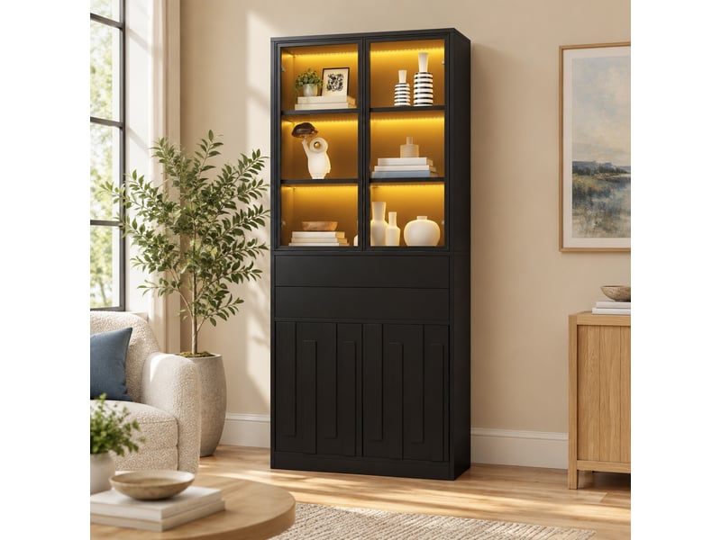  Vitrine led noire 70 × 34 × 180 cm, 4 portes en verre trempé, 2 tiroirs et éclairage bluetooth réglable  - Conforama B