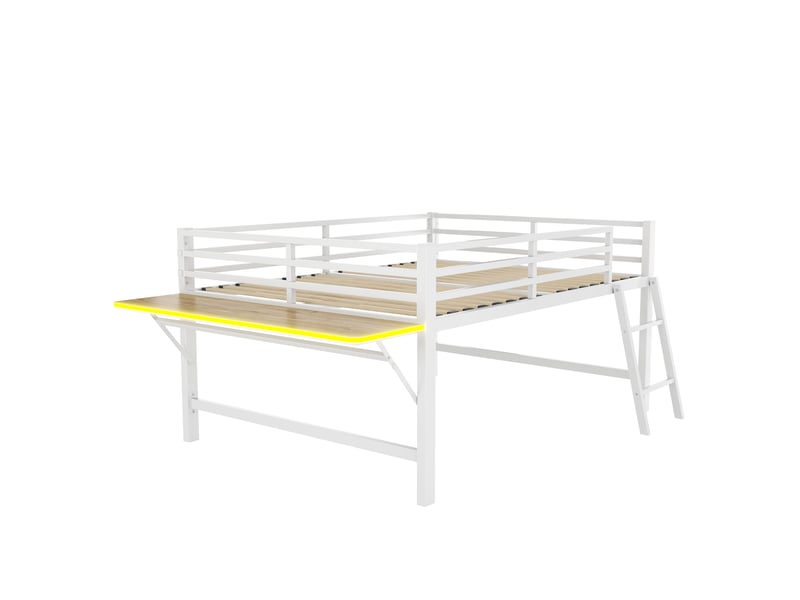 Lit enfant métal blanc 140x200 cm avec bureau, garde-corps, échelle et led - Conforama E