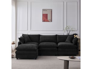 Canapé d’angle modulable 3 places 267 cm avec méridienne et pouf, tissu chenille, assise confortable, montage facile