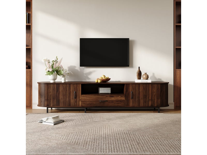  Meuble tv mdf 180×40×50 cm – buffet bas moderne, portes coulissantes, tiroir, rainures rétro, téléviseur 75 pouces  - Conforama B