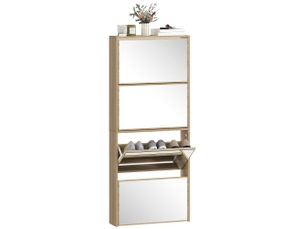 Meuble à chaussures étroit avec miroir et 4 portes battantes pour 12 paires de chaussures 63 x 17 x 146 cm naturel