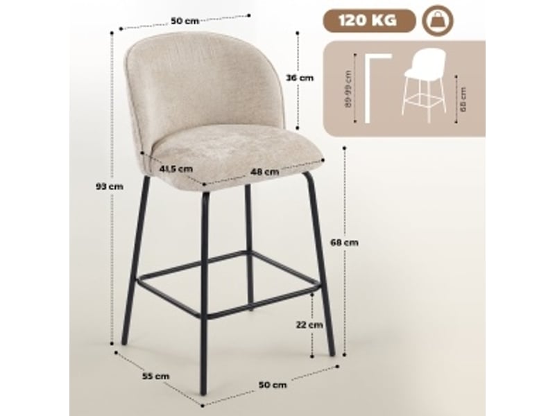  Tabouret de bar lot de 2 avec dossier ergonomique et repose-pieds, pieds en acier, tissu polyester beige  - Conforama C