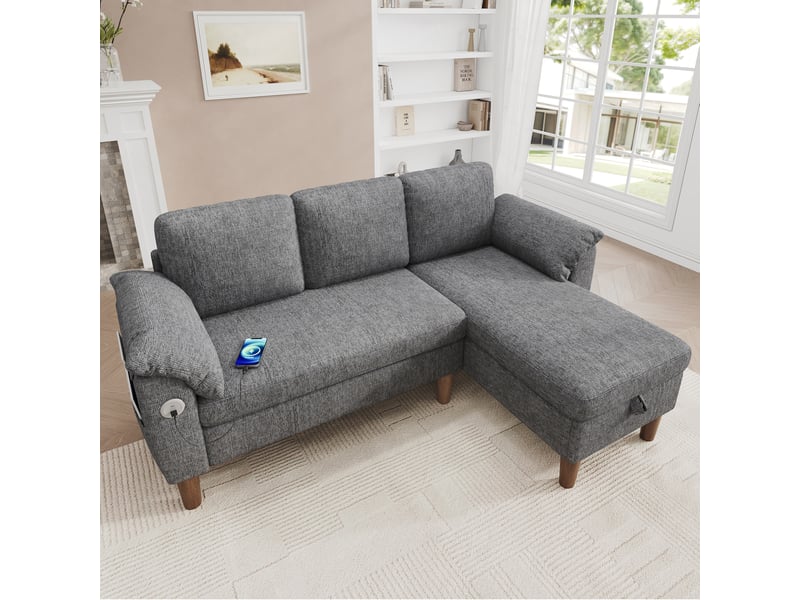Canapé d'angle réversible 3 places 181x125x88 cm gris clair chenille, coffre et ports usb type-c - Conforama B