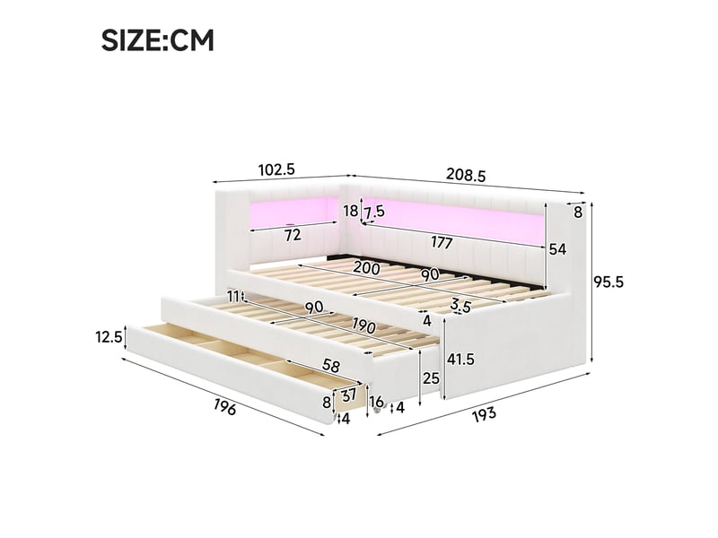  Lit banquette 90x200 cm blanc avec lit gigogne, 3 tiroirs, led et usb  - Conforama C