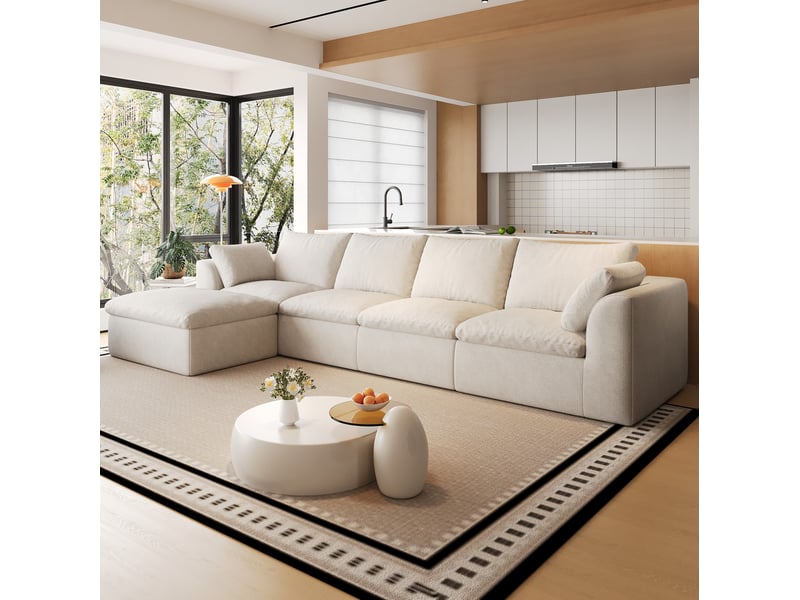  Canapé d’angle 5 places en tissu lin blanc beige, 310x155x83 cm  - Conforama R