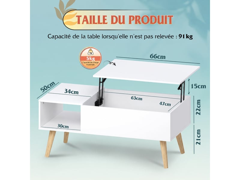  Table basse relevable avec coffre et niche ouverte, style mi-siècle, blanche, 100 x 50 cm, hauteur 41 à 57 cm  - Conforama C