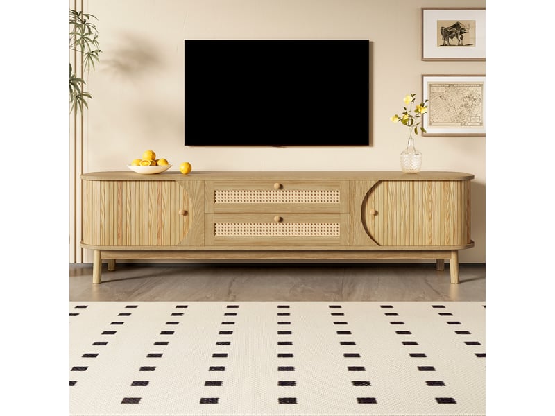  Meuble tv bois massif et rotin naturel 170 cm avec portes coulissantes et tiroirs, style rustique  - Conforama C