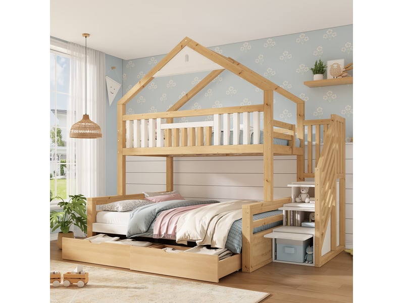 Lit superposé enfant 90140x200 cm avec escalier, 2 tiroirs, blanc et chêne - Conforama B