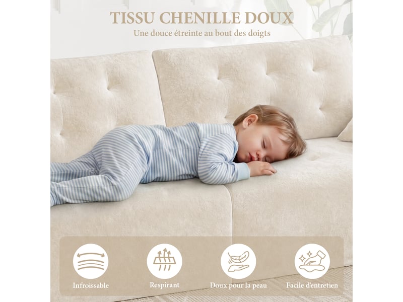 Canapé compressé modulable style nuage scandinave 275cm beige en chenille,mousse compressée haute densité,canapé doux pour salon 275x102x66CM - Conforama D