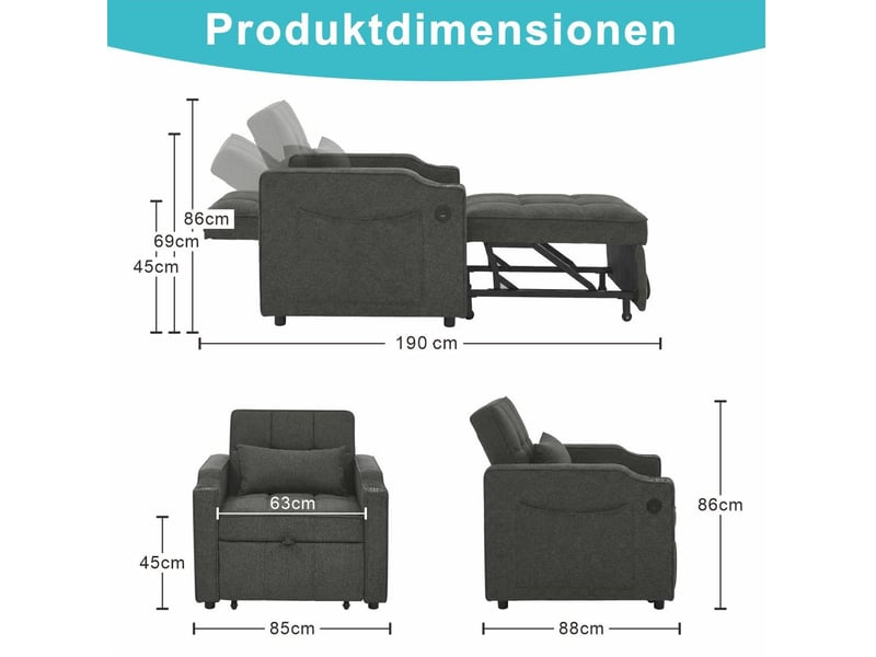  Fauteuil convertible 1 place gris foncé en tissu, couchage 190 cm, usb-c et dossier réglable 3 positions  - Conforama C