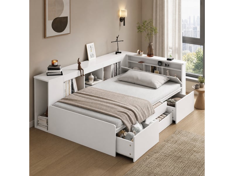  Lit enfant simple 200x90 cm en mdf avec 4 tiroirs, étagères et placards, sans matelas, blanc  - Conforama B