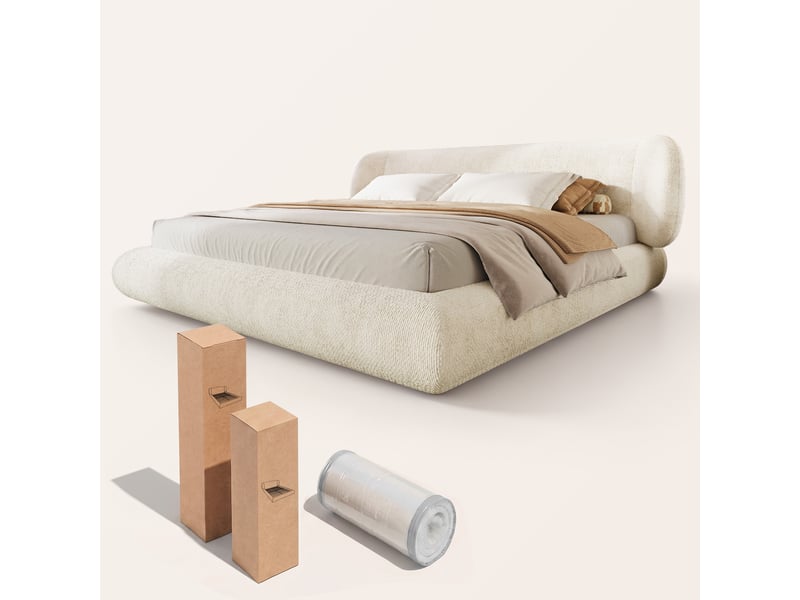  Lit rembourré en chenille beige 180x200 cm avec tête de lit arrondie Fay Lum - Conforama W