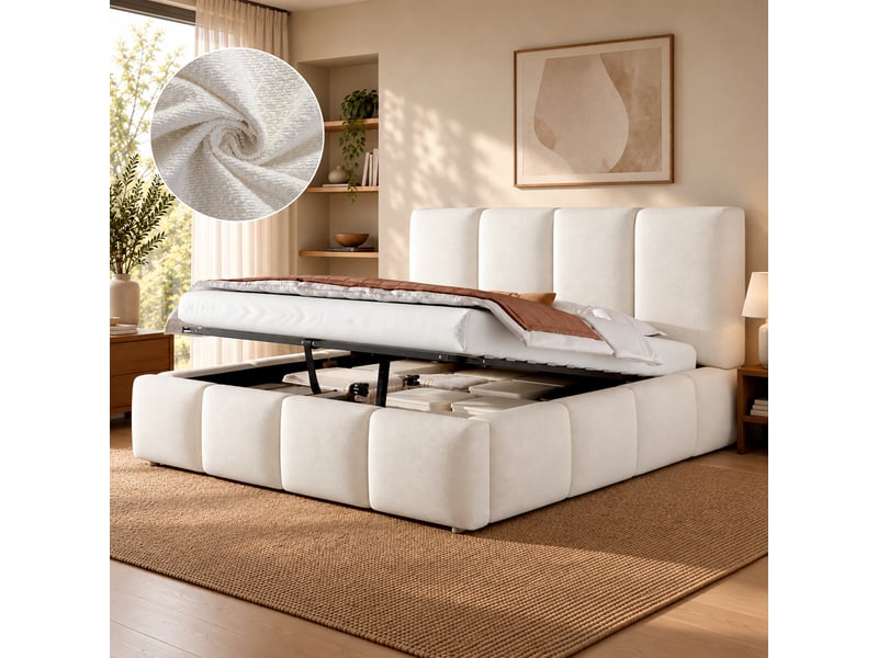  Lit double capitonné 180x200cm,lit coffre hydraulique avec grand rangement,tête de lit rembourrée,bouclé,sans matelas,blanc  - Conforama B
