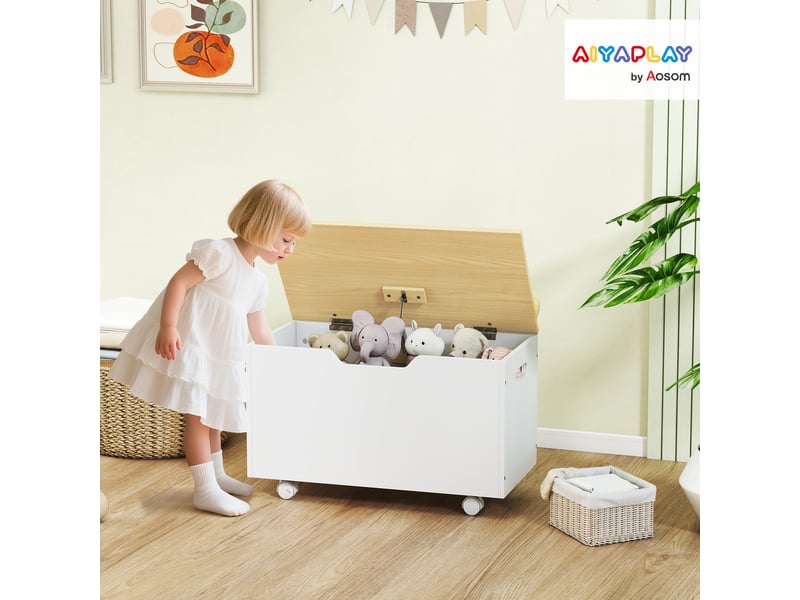  Coffre à jouet enfant sur roulettes, coffre de rangement enfant avec couvercle rabattable, blanc, 59 x 30 x 53 cm  - Conforama D