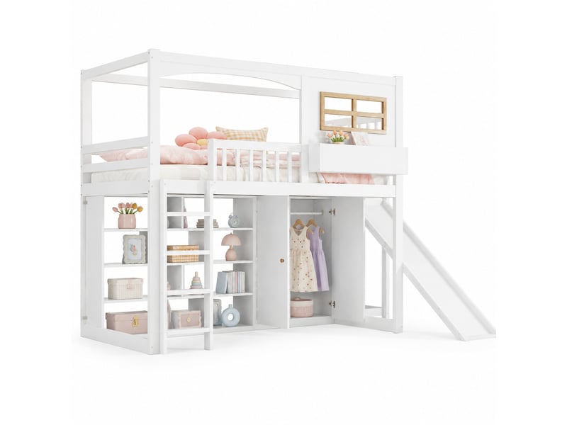  Lit mezzanine enfant 90 x 200 cm avec toboggan, armoire et étagères blanc naturel  - Conforama A