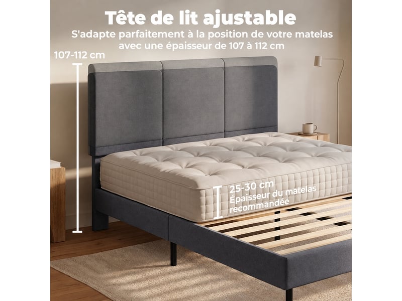  Cadre de lit 140 x 200 cm, lit rembourré en tissu aspect lin gris foncé, tête de lit réglable, 12 lattes  - Conforama B