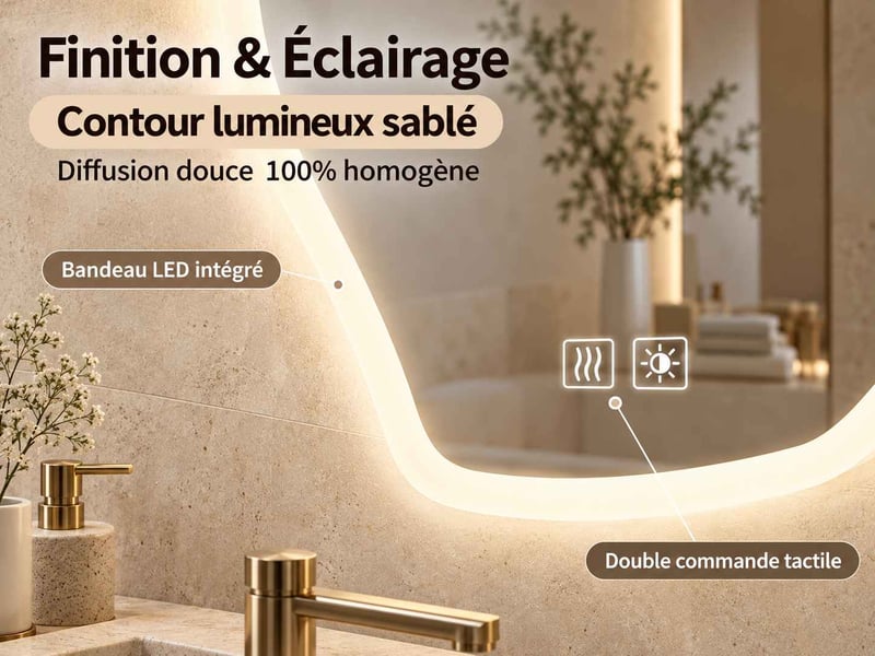  Miroir salle de bain led lumineux asymétrique 50 × 70 cm, avec éclairage réglable 3 couleurs et fonction anti-buée  - Conforama D