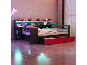 Canapé-lit 140x200 cm avec led et prises électriques, lit double avec bureau et tiroirs, coloris noir et rouge, lit 2 personnes