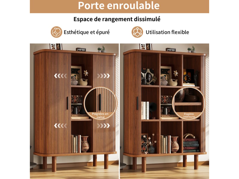 Meuble haut de cuisine 110 x 40 x 160 cm, porte à rideau, façade cannelée, angles arrondis et pieds en bois massif, bois foncé - Conforama D