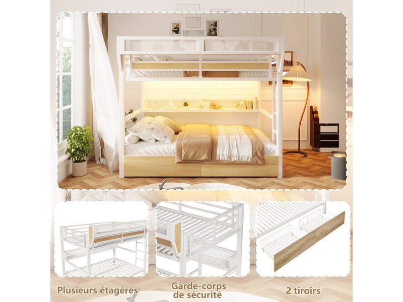  Lit superposé 140 x 200 cm en métal blanc avec 2 tiroirs, étagère, panier de rangement et éclairage led intégré  - Conforama D