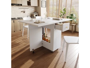 Table à manger 120x75x75 cm,table pliante rangement ouvert, 2 tiroirs, roulettes avec frein, pour 2-4 personnes, salon et salle à manger, blanc