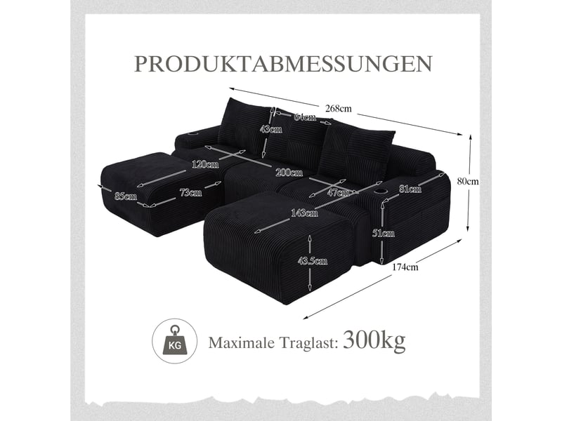  Canapé d'angle panoramique fixe 3 places tissu noir  - Conforama C