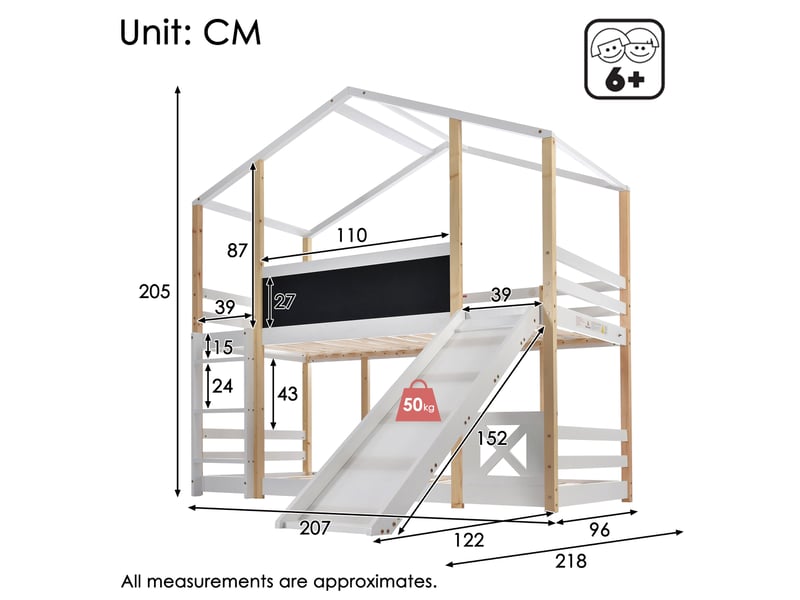 Lit superposé enfant cabane avec toboggan et échelle 90x200 cm blanc - Conforama E