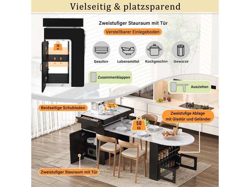  Îlot de cuisine extensible à roulettes avec led et prises noir DE000056AAB - Conforama D