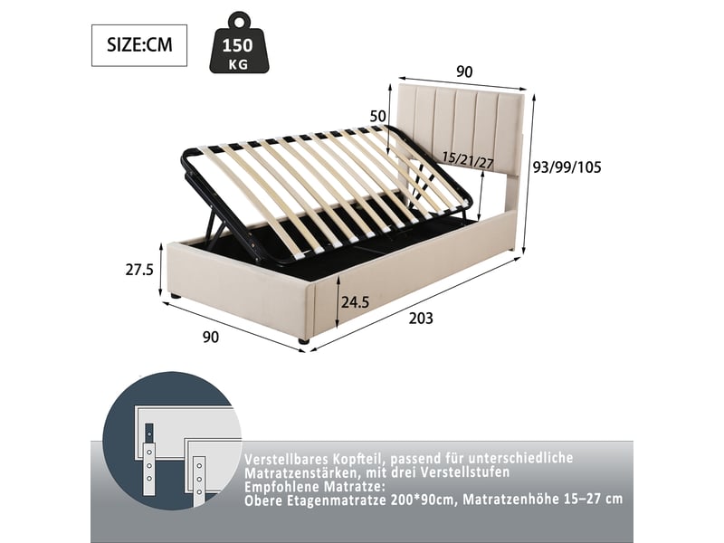 Lit enfant coffre hydraulique 90x200 cm en tissu lin beige - Conforama E