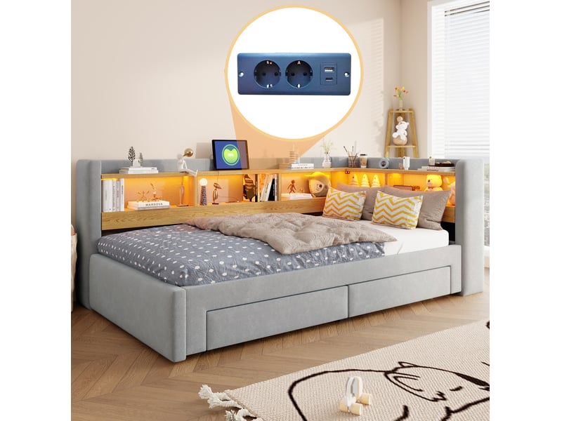  Lit extensible 90x200 cm en velours gris avec led, prise et tiroirs  - Conforama E