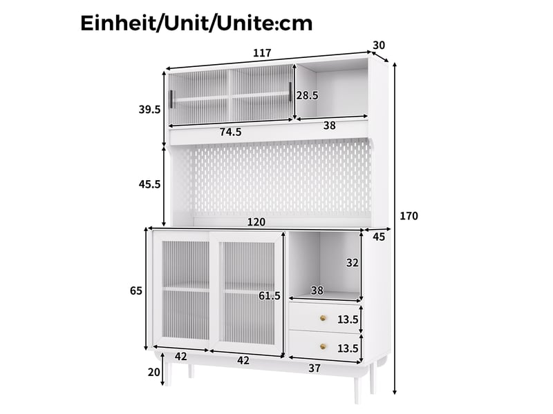  Buffet de cuisine avec 4 portes coulissantes et 2 tiroirs, 117x30x170 cm, blanc  - Conforama C