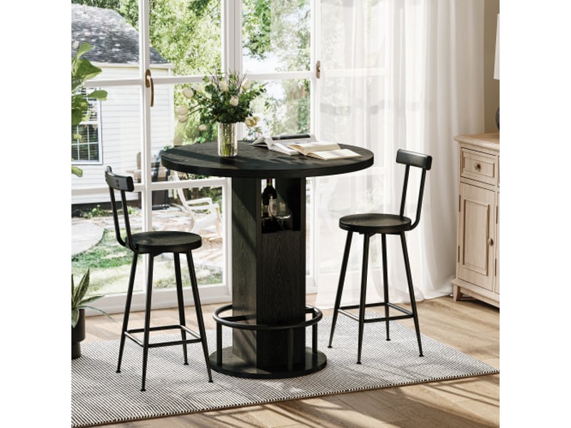  Ensemble bar 3 pièces – table ronde 80 cm + 2 tabourets boismétal noir, repose-pieds annulaire – style industriel  - Conforama B