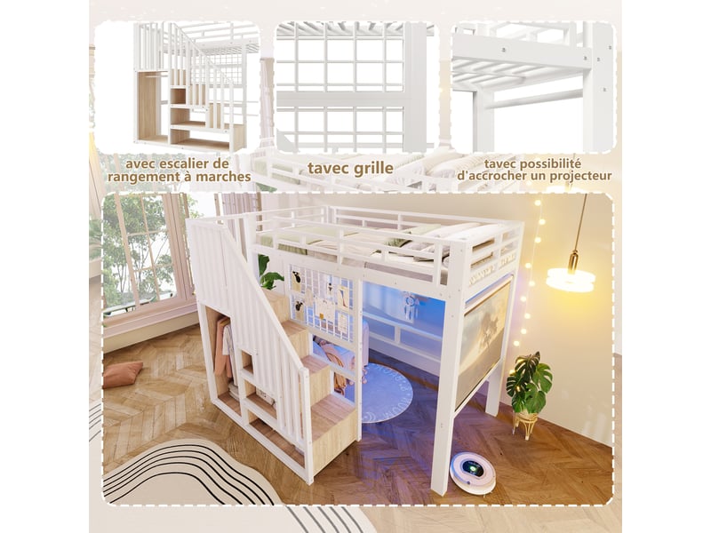  Lit mezzanine 90x200 cm avec led, escalier de rangement, panneau grillagé, support projecteur et sommier, gain de place en métal, blanc Sol Morn - Conforama E