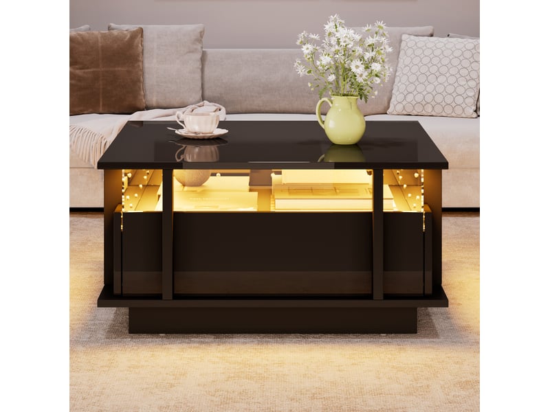  Table basse carrée 70x70x35 cm, meuble salon éclairage led, panneau acrylique, 2 tiroirs, panneau de particules, noir  - Conforama E