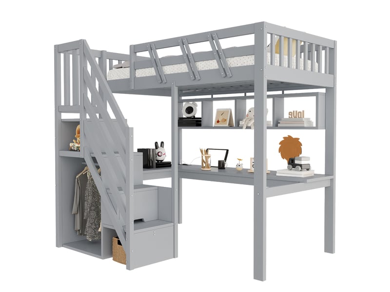  Lit mezzanine 90 × 200 cm avec bureau, escalier avec rangements, led et prise usb pour chambre d’enfant gris  - Conforama A