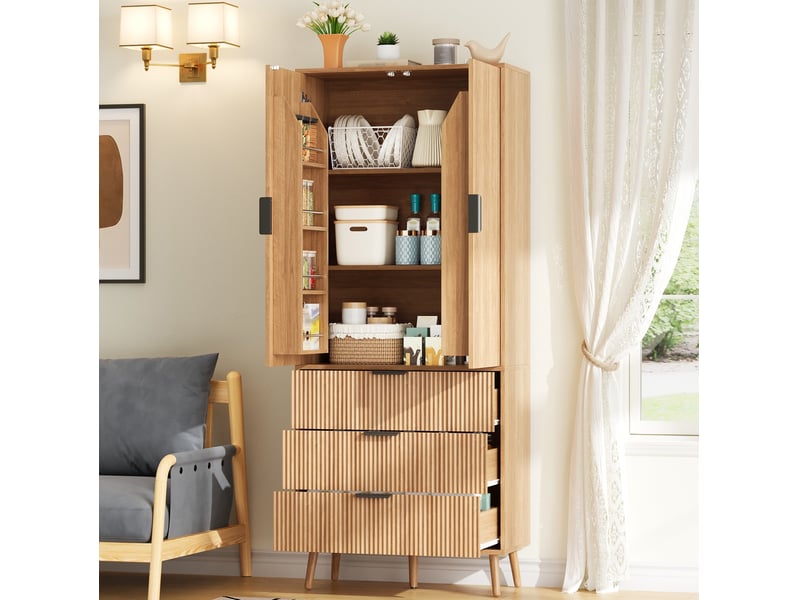 Armoire de cuisine 75x35x180 cm, 2 portes et 3 tiroirs, coloris bois naturel  - Conforama D