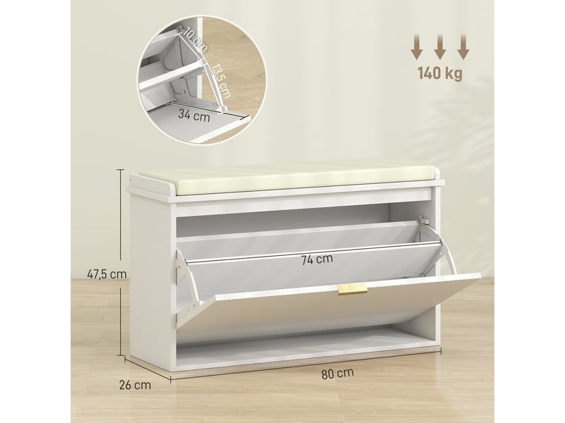  Banc à chaussures avec coussin d'assise rembourré et tiroir rabattable pour couloir, chambre, 80 x 26 x 47,5 cm, blanc  - Conforama E