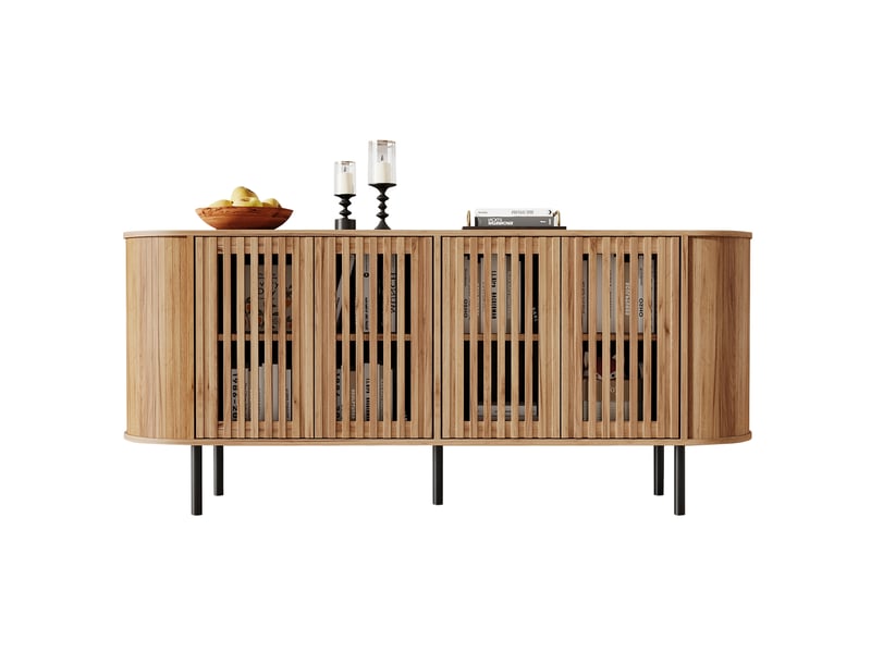  Buffet bas 4 portes perforées avec étagères réglables, pieds métal, fermeture douce, mdf naturel 160 × 40 × 70 cm  - Conforama A