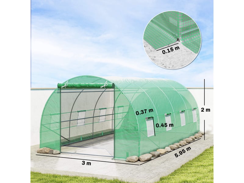  Serre tunnel avec porte enroulable et 8 fenêtres, serre de jardin avec couverture en pe et structure en acier, 6 x 3 x 2 m, verte  - Conforama E
