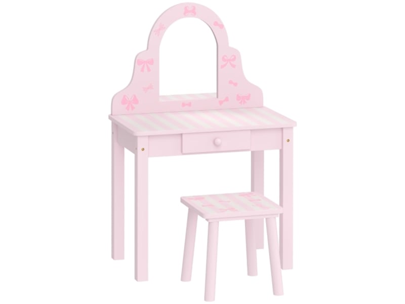  Coiffeuse enfant 2 en 1 rose, bureau avec miroir amovible, tiroir et tabouret, filles 3-6 ans  - Conforama A