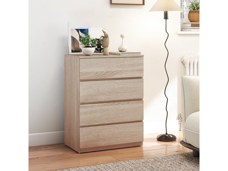  Commode à 4 tiroirs pour chambre à coucher, idéale pour le salon, la salle à manger et le couloir, en chêne.  - Conforama C