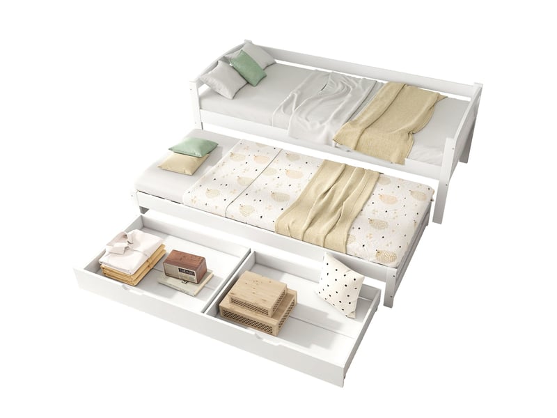 Lit banquette 90x200 cm avec lit gigogne 90x190 cm-tiroirs de rangement en mdf-structure en pin massif-blanc - Conforama A