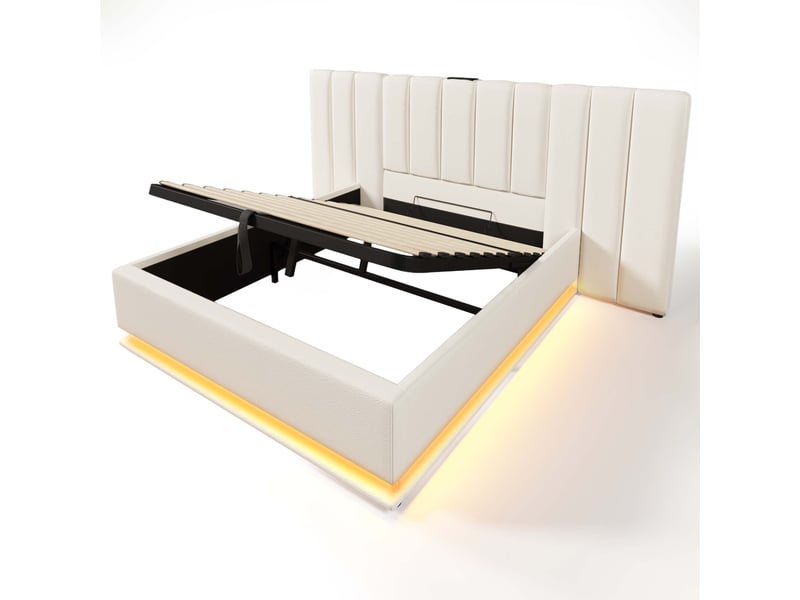  Lit coffre 180×200cm, lit double, ports usb et type-c, led, espace de rangement, pu, bois, métal, blanc, sans matelas  - Conforama R