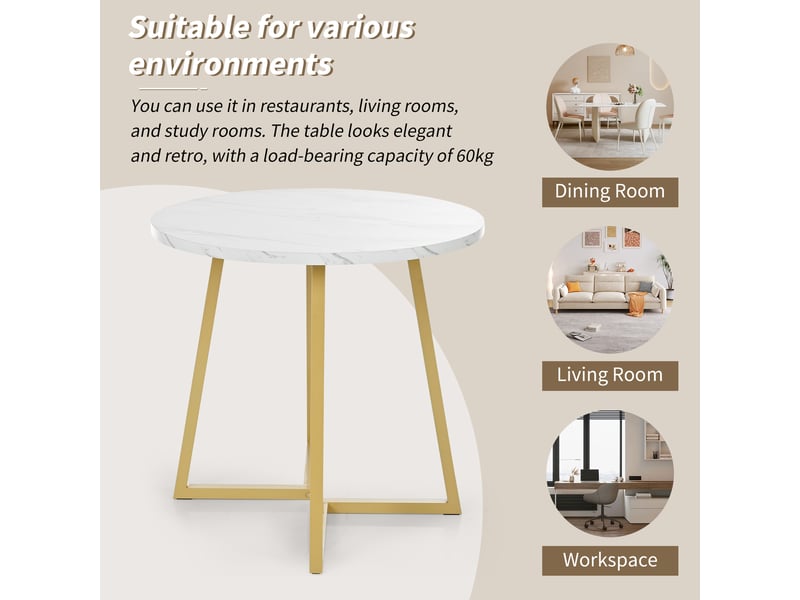  Table ronde ø 80 cm, table de cuisine, effet marbre, facile à nettoyer, pieds en métal, mdf, blanc et doré  - Conforama D