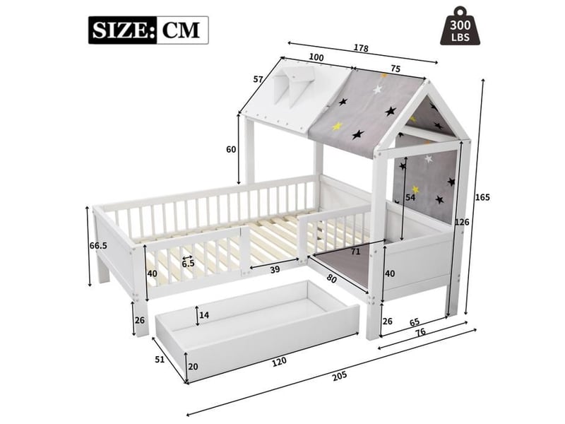  Lit enfant maison en bois - 90x200 cm - tiroirs de rangement - design créatif - sécurité enfant - certifié en747 blanc - Conforama E