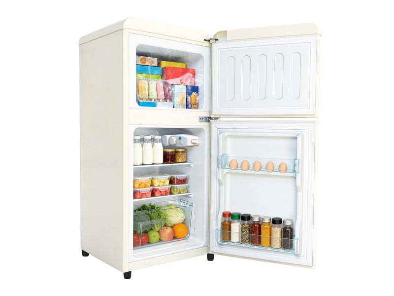 Réfrigérateur double porte 60 l crème, 7 réglages 0–10 °c, congélateur 4 étoiles, led et clayettes réglables, classe e - Conforama A
